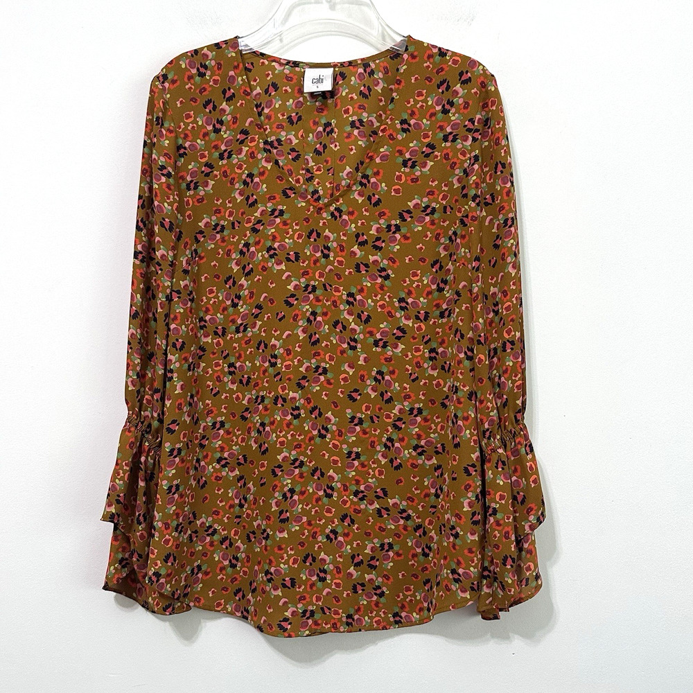 Cabi Burnished Blouse Top S Floral Bell Sleeve #4042 Popover Trendy‎ V Neck Thin